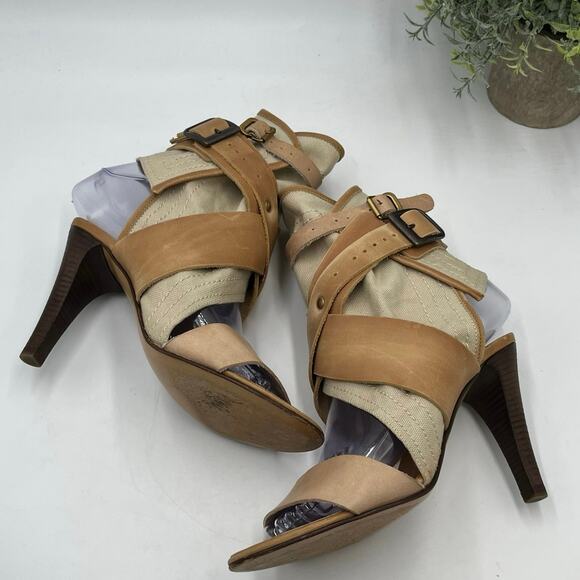 CHLOE Strap Leather Canvas Gladiator High Heel Brown Beige Sandal Sz 36/5.5 - Picture 6 of 10